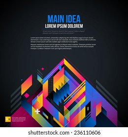 Dark text background with abstract geometric element and glowing lights. Corporate futuristic design, useful for presentations, advertising and web layouts. EPS10 vector template.