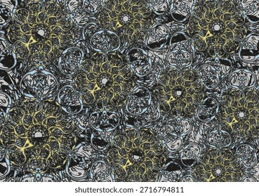 Fondo de textura oscura en tonalidad dorada-azul-gris-negro para textiles o estampados. Motivos florales rizados para conceptos de negocio, portadas, tendencias de moda, soluciones de interior, azulejos, Fondo de pantalla, carteles dinámicos, etc. Vector
