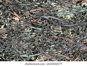 Dark textural backdrop with lines and floral or butterfly elements for fabrics or prints. Chaotic forest motifs for interior solutions, covers, tiles, fashion trends, textiles, dynamic posters, etc. 