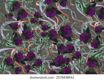 Dark textural floral and linear backdrop for textiles or fabrics. Chaotic floral background for fashion trends, business concepts, covers, interiors, tiles, prints, dynamic posters, cards, etc. Vector