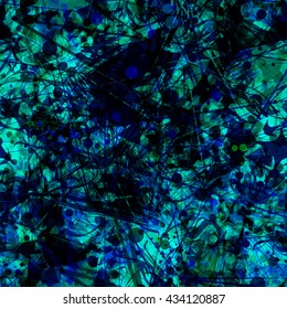 Dark texture. Blue, black and sea green. Ovals, wavy stripes, shapeless spots, thin straight lines, scratches, streaks. Abstract seamless vector background.