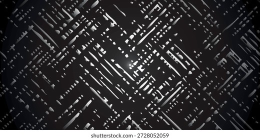 A dark, textured background with a complex overlay of metallic grid lines and scattered light streaks, creating a futuristic or technological feel.