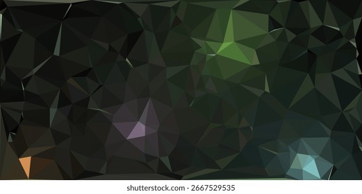 Ein dunkler, strukturierter Hintergrund, der aus zahlreichen geometrischen Low-Poly-Formen besteht und subtile Highlights von grünem, violettem und orangefarbenem Licht aufweist.