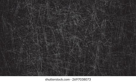Un fondo de textura oscura lleno de numerosos arañazos y líneas finas, irregulares blancas y grises que crean una apariencia desgastada y desgastada.