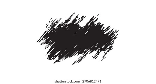 Un trazo de pincel oscuro y texturizado con un aspecto garabateado. El trazo tiene bordes ásperos y desiguales y una calidad densa y opaca.
