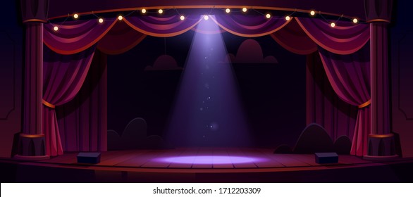 Dark theater stage with red curtains, columns and spotlight in center. Theatre interior empty wooden scene, luxury velvet drapes, decoration and light beam fall on floor, cartoon vector illustration