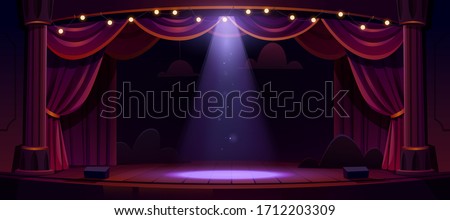 Dark theater stage with red curtains, columns and spotlight in center. Theatre interior empty wooden scene, luxury velvet drapes, decoration and light beam fall on floor, cartoon vector illustration