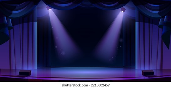 Dark theater stage with spotlights, curtains and empty space for text. Theatre interior, empty scene with luxury velvet drapes and decoration, music hall, opera, drama, Cartoon vector background