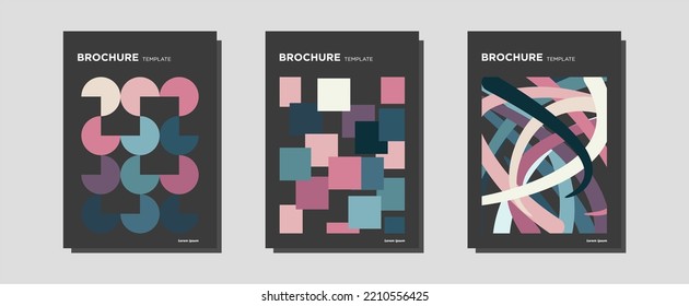 Dark theme Company brochure template collection. Business presentation vector A4 vertical orientation front page mock up set. Corporate report abstract geometric illustration design layout bundle