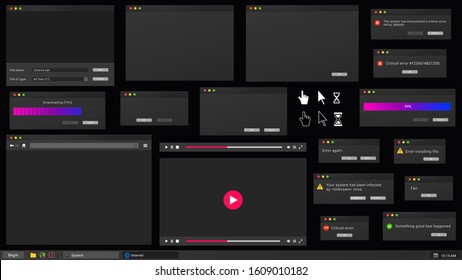 Dark Theme Of Desktop User Interface. Web Browser Window, Online Video Player, Error Message And Computer Cursor In Night Mode Skin