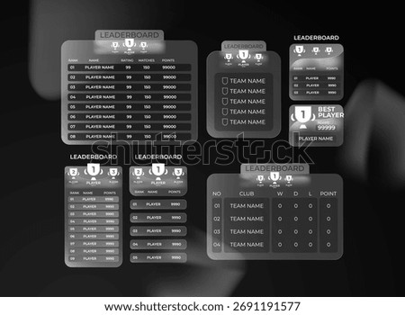Dark theme glassmorphism leaderboard UI template pack, modern transparent scoreboard and ranking interface design for game or esports.