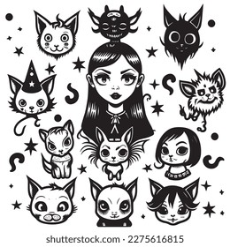 dark theme with little girl and her scary cute pets