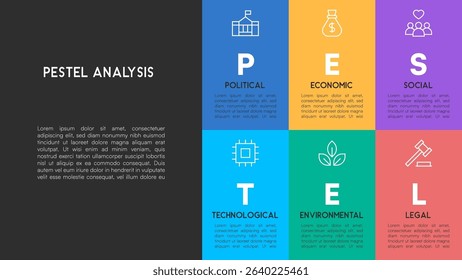 Dark Theme PESTEL Analysis Infographic with Bright Accent Colors and Business Strategy Elements Vector Illustration