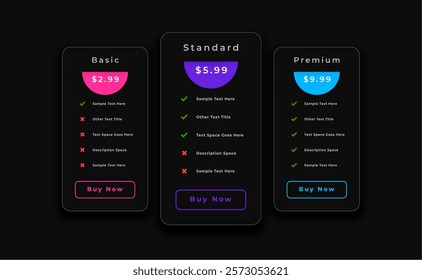 dark theme pricing chart table template with three option plan vector