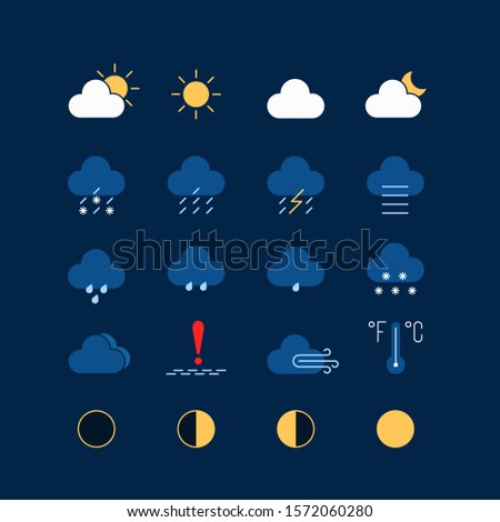 dark theme set of weather icons. season info hot, sunny, cloudy, rainy or snowy, ice-crusted ground. graphic pack with simple flat elements for interface app mobile, web on dark blue background