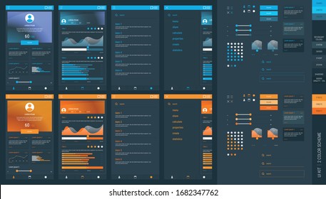 Dark theme UI kit and interface in two color schemes, orange and blue