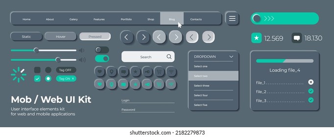 Dark theme user interface elements for mobile app. Unique neumorphic ui ux design kit. Manage, navigation, menu, login form and components.