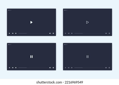 Dark theme video player window for web and desktop applications both for play and pause stage. Line and bold icons window for video player template.