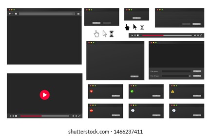 Dark Theme Of Web Browser Window, Online Video Player, System Dialogue Box And Error Message.