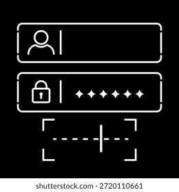 Oscuros iconos de interfaz de Inicio de sesión mínima temática que muestran el bloqueo de Contraseña de Nombre de usuario y el área de escaneo para formularios de seguridad de autenticación App de Web y diseño de acceso digital