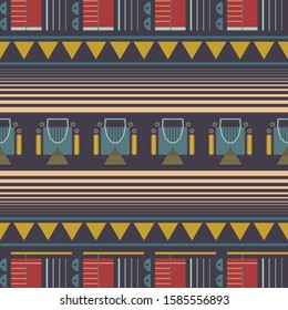 Dark themed vector geometric tribal seamless pattern.