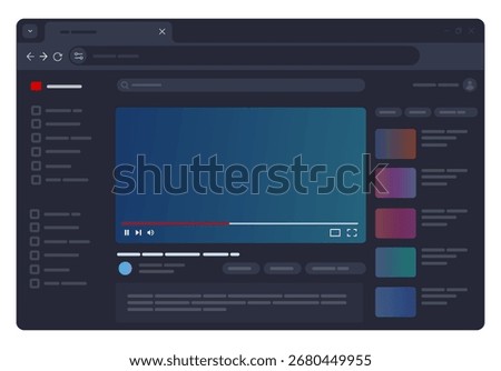 dark themed vector illustration of a video playback screen on a web browser video player representing online streaming digital media and content platforms