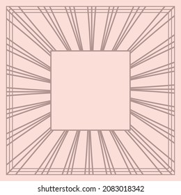 a dark thin line on a beige background, a diamond-shaped square frame with an ornament of sun rays and flower petals, a place for text, exquisite decoration, illustration