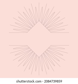 una delgada línea oscura sobre un fondo beige, un marco cuadrado en forma de rombo con un adorno de rayos solares y pétalos de flores, un lugar para el texto, una decoración exquisita, ilustración