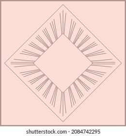 a dark thin line on a beige background, a diamond-shaped square frame with an ornament of sun rays and flower petals, a place for text, exquisite decoration, illustration