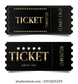 Dark ticket templates with golden inscriptions and stars. Vector illustration set