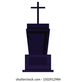 Dark tombstone icon isolated on white background for halloween part design. Night old gravestone with crack cemetery sign. Vector flat cartoon style illustration. Graphic design element.