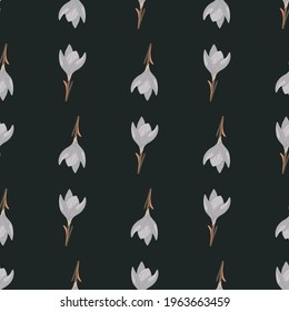 Dark tones botanic seamless pattern with light blue outline crocus flower shapes. Dark green background. Graphic design for wrapping paper and fabric textures. Vector Illustration.