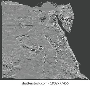 Dunkle topographische Karte der Arabischen Republik Ägypten mit weißen Konturen auf dunkelgrauem Hintergrund