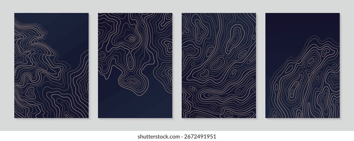 Conjunto de póster de Vector topográfico oscuro con elegantes líneas de mapa de contorno. Fondos minimalistas ideales para portadas modernas, carteles, viajes de aventura, senderismo, gráficos al aire libre y paisajes abstractos.