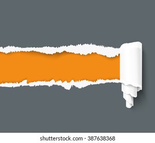 Dark torn paper with paper roll over orange background with space for your text. Paper with ripped edges. Realistic vector torn paper template for web and print. 