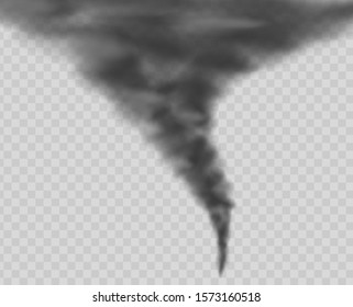 Dark tornado isolated on transparent background. Dangerous natiral disaster, destructive hurricane vector illustration.