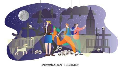 Dark tourism vector illustration. People group in graveyard with flashlights, church, scull, bones and dead people hanging. Night, full moon and star reflection. Scary historic halloween holidays.