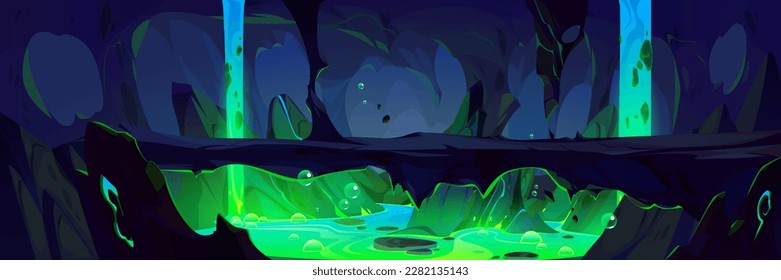 Dark toxic cave cartoon game background. Fantasy underground landscape inside mountain scene vector illustration. Adventure level in stone cavern with path through poisonous river flow with bubble.