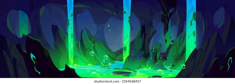 Dark toxic game cave inside cartoon background. Fantasy poisonous dungeon with green waterfall flow and underground stream design. Adventure inner rock mountain scene with glow sewage river and bubble