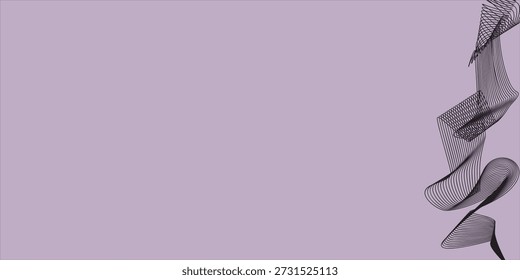 A dark, translucent ribbon with a flowing, wavy texture is positioned on the right side of a solid purple background.