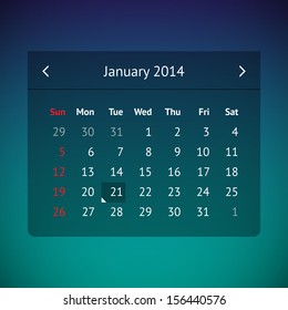 Dark transparent calendar page for January 2014
