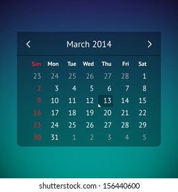 Dark transparent calendar page for March 2014