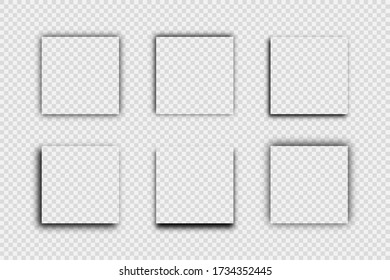Dark transparent realistic shadow. Set of six square shadows isolated on transparent background. Vector illustration.