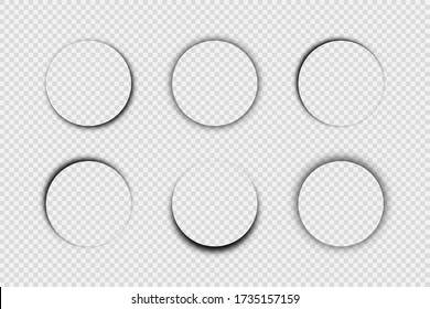 Dark transparent realistic shadow. Set of six circular shadows isolated on transparent background. Vector illustration.