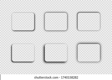 Dunkel transparenter realistischer Schatten. Sechs abgerundete Rechteck-Schatten auf transparentem Hintergrund isoliert. Vector-Abbildung.