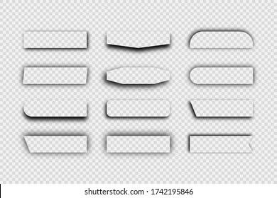 Dark transparent realistic shadow. Set of twelve rectangular shadows isolated on transparent background. Vector illustration.