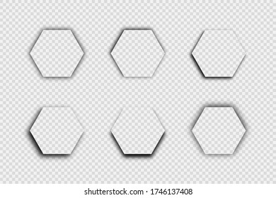 Dark transparent realistic shadow. Set of six hexagon shadows isolated on transparent background. Vector illustration.