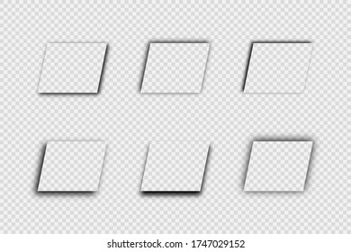 Dark transparent realistic shadow. Set of six rectangular shadows isolated on transparent background. Vector illustration.