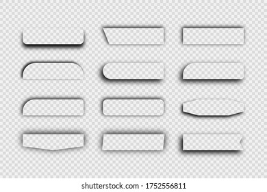 Dark transparent realistic shadow. Set of twelve rectangular shadows isolated on transparent background. Vector illustration.