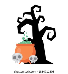 dark tree with cauldron and skulls halloween icons vector illustration design